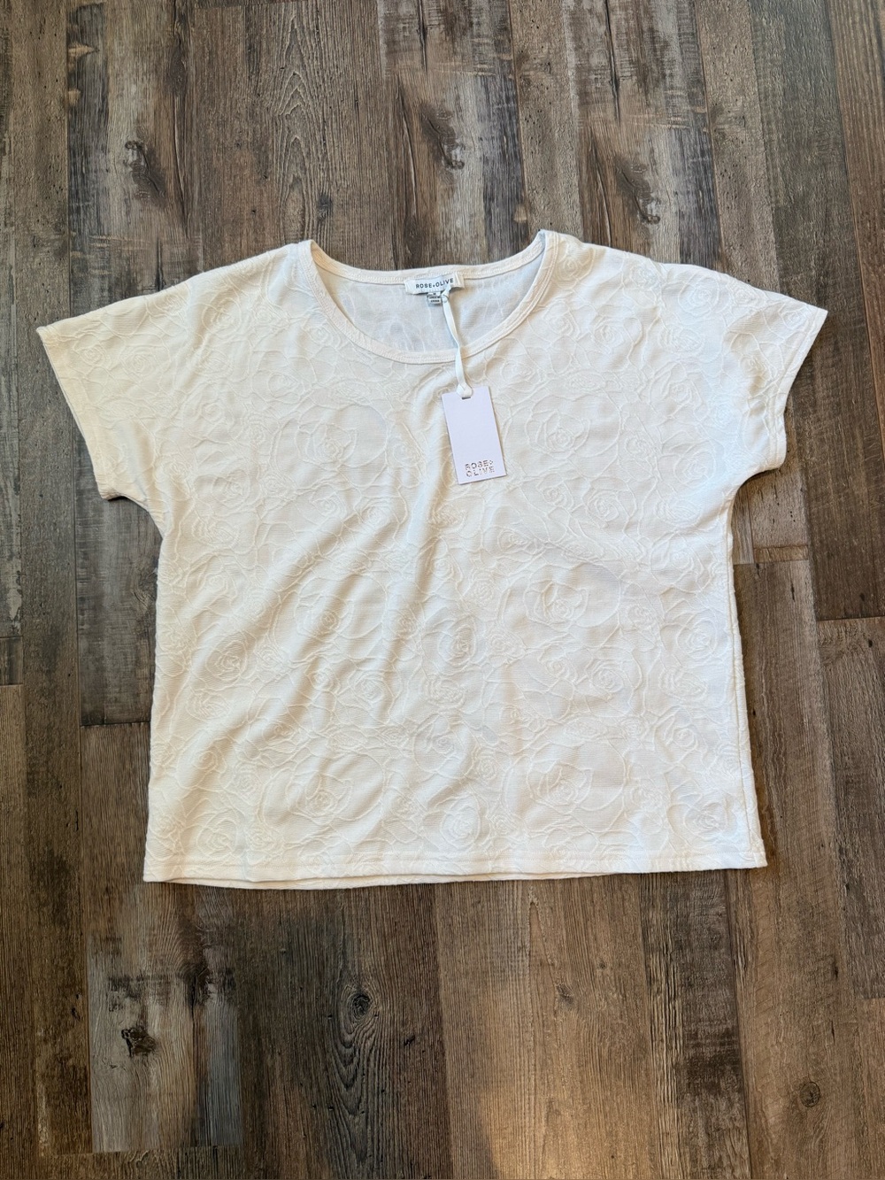 Rose & Olive Ivory Embossed Floral Short Sleeve Tee